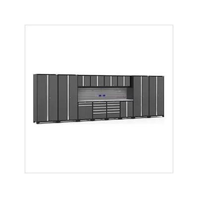 NewAge Garage Cabinets PRO Series Grey 14-Piece Set with Stainless Steel Tops and Slatwall Hook Kit