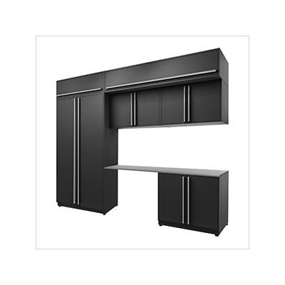 Proslat Garage Cabinets 7-Piece Mat Black Cabinet Set with Silver Handles and Stainless Steel Worktop