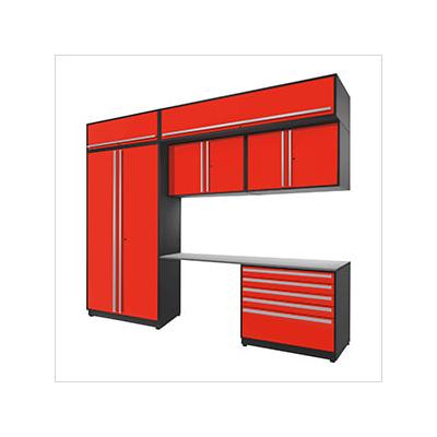 Proslat Garage Cabinets 7-Piece Glossy Red Cabinet Set with Silver Handles and Stainless Steel Worktop