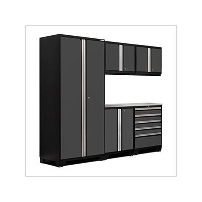 NewAge Garage Cabinets PRO Series Grey 6-Piece Set with Stainless Steel Top and LED Lights