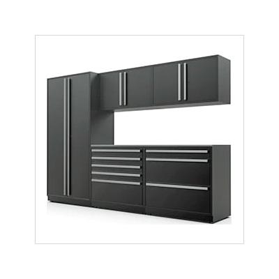 Proslat Garage Cabinets 6-Piece Mat Black Cabinet Set with Silver Handles and Stainless Steel Worktop