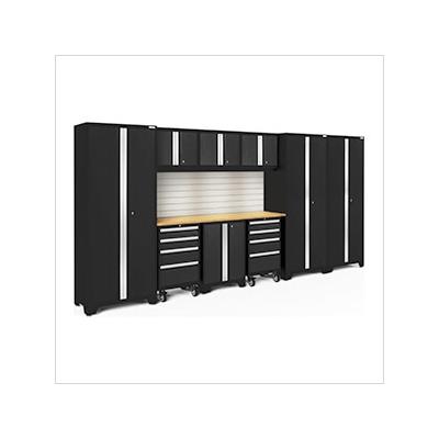 NewAge Garage Cabinets BOLD Series Black 10-Piece Set with Bamboo Top, Backsplash, LED Lights