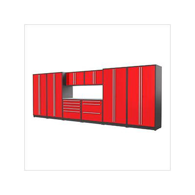 Proslat Garage Cabinets 9-Piece Glossy Red Cabinet Set with Silver Handles and Stainless Steel Worktop