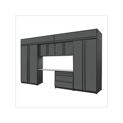 Proslat Garage Cabinets 8-Piece Glossy Grey Cabinet Set with Silver Handles and Stainless Steel Worktop