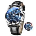 OLEVS Fashion Leather Strap Men's Watches, Chronograph Watch, Men's Waterproof Analogue Watches with Date, Brown/Black/White/Blue, Large Dial Wrist Watches for Men, 2878 Blue Dial/Black Strap,