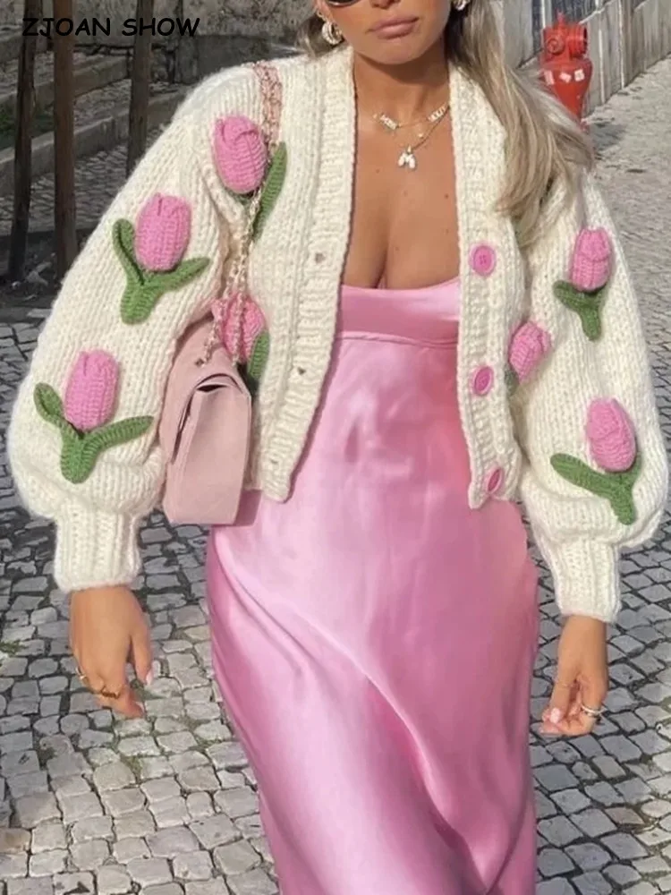 2022 Retro Hand Made Crochet 3D Blume Ball Strickjacke Vintage Frau v-ausschnitt langarm Lila Stricken Pullover Strickwaren Jumper