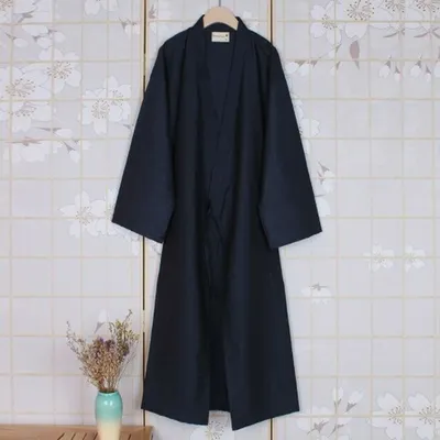 Mode Japanischen Stil Kimono Robe Einfarbig Spitze Up Lange Bademantel Pyjamas Gürtel Baumwolle Image