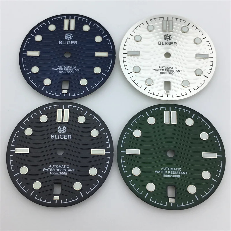 Bliger neue 31mm schwarz & weiß blau-grün Zifferblatt leuchtend grün 6 o 'Uhr Datum passt nh35 nh35a Uhrwerk Image