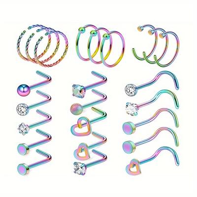 18g Stainless Steel Hoop Nose Ring Set Inlaid Shiny Zircon Colorful Simple Style Body Piercing Jewelry Accessories