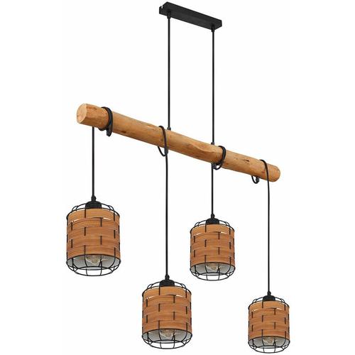 Pendelleuchte 4 flammig Lampenschirm Hängelampe Holzoptik Wohnzimmerlampe zum verstellen, Metall