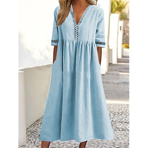 Damen Midikleid 100% Baumwolle Shiftkleid Freizeitkleid Basic Modern Täglich Wochenende Lässiger Schnitt Einfach Halbarm V Ausschnitt Blau Weiß Rosa Grün Sommer Frühling Image