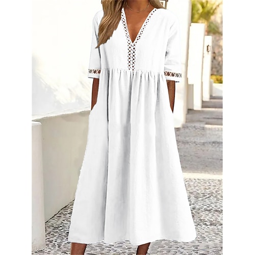 Damen Midikleid 100% Baumwolle Shiftkleid Freizeitkleid Basic Modern Täglich Wochenende Lässiger Schnitt Einfach Halbarm V Ausschnitt Blau Weiß Rosa Grün Sommer Frühling Image