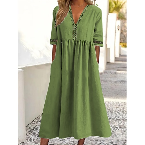 Damen Midikleid 100% Baumwolle Shiftkleid Freizeitkleid Basic Modern Täglich Wochenende Lässiger Schnitt Einfach Halbarm V Ausschnitt Blau Weiß Rosa Grün Sommer Frühling Image