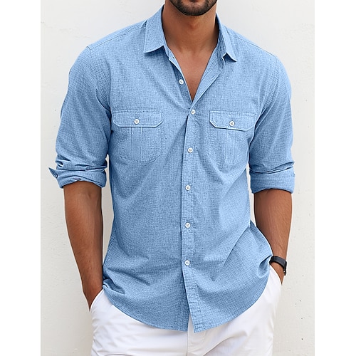 Herren Hemd Sommerhemd Strandbekleidung Freizeithemd Westernhemd Knopfhemd Einfach Urlaub Lässig Schwarz Weiß Blau Langarm Revers Frühling Sommer Bekleidung Tasche Image