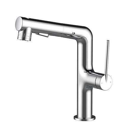 Waschbecken Wasserhahn mit ausziehbarer Brause, Messing 3-Modi galvanisiert / lackierte Oberflächen Centerset Einhand-Einloch-Waschbecken-Drehauslauf für Kalt- und Warmwasser-Badarmaturen Image
