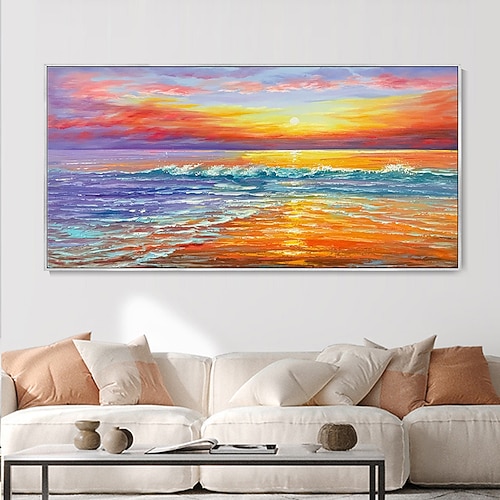 handgemaltes Ölgemälde mit Meereslandschaft, Sonnenaufgang, Wandkunst, Strandstruktur, Leinwandgemälde, Wandkunst, Meer, Sonnenuntergang, Wolke, Reflexion, Landschaftsmalerei, Sofa-Hintergrund, Image