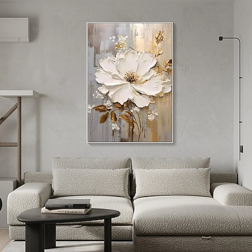 handgemaltes strukturiertes Ölgemälde mit goldenen Blumen, Wandkunst, abstraktes weißes Blumengemälde auf Leinwand, minimalistisches modernes Blumenölgemälde für Wohnzimmer, elegante Wanddekoration, Image