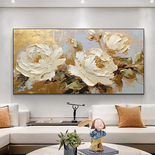 Mintura handgefertigte Ölgemälde mit goldenen Blumen auf Leinwand, große Wandkunst, Dekoration, modernes abstraktes weißes Blumenbild für die Inneneinrichtung, gerolltes, rahmenloses, ungedehntes Image