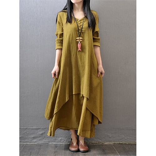 Damen Maxikleid Kunstbaumwollleinen Shiftkleid Weißes Kleid Freizeitkleid Basic Modern Täglich Wochenende Lässiger Schnitt Einfach Langarm V Ausschnitt Schwarz Weiß Gelb Sommer Frühling Image