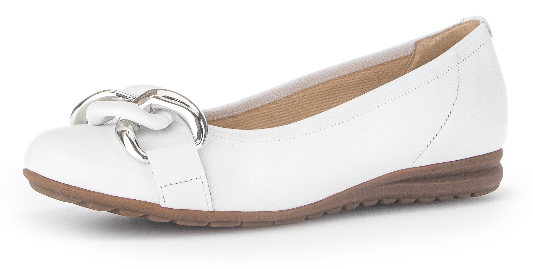 Ballerina GABOR "FLORENZ", Damen, Gr. 35, weiß, Leder, Schuhe Ballerina, Hochzeitsschuh, Flache Schuhe, Slipper mit eleganter Zierkette