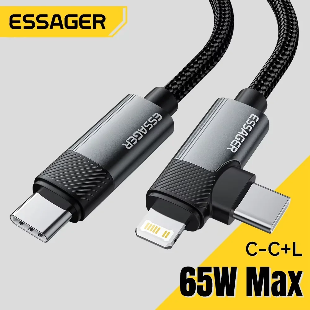 Essager 2-in-1 rechtwinkliges Kabel PD 65 W 29 W Schnelllade-Winkel-Datenkabel für iPhone 15 14 13 MacBook Lenovo Asus Dell iPad Pro Image