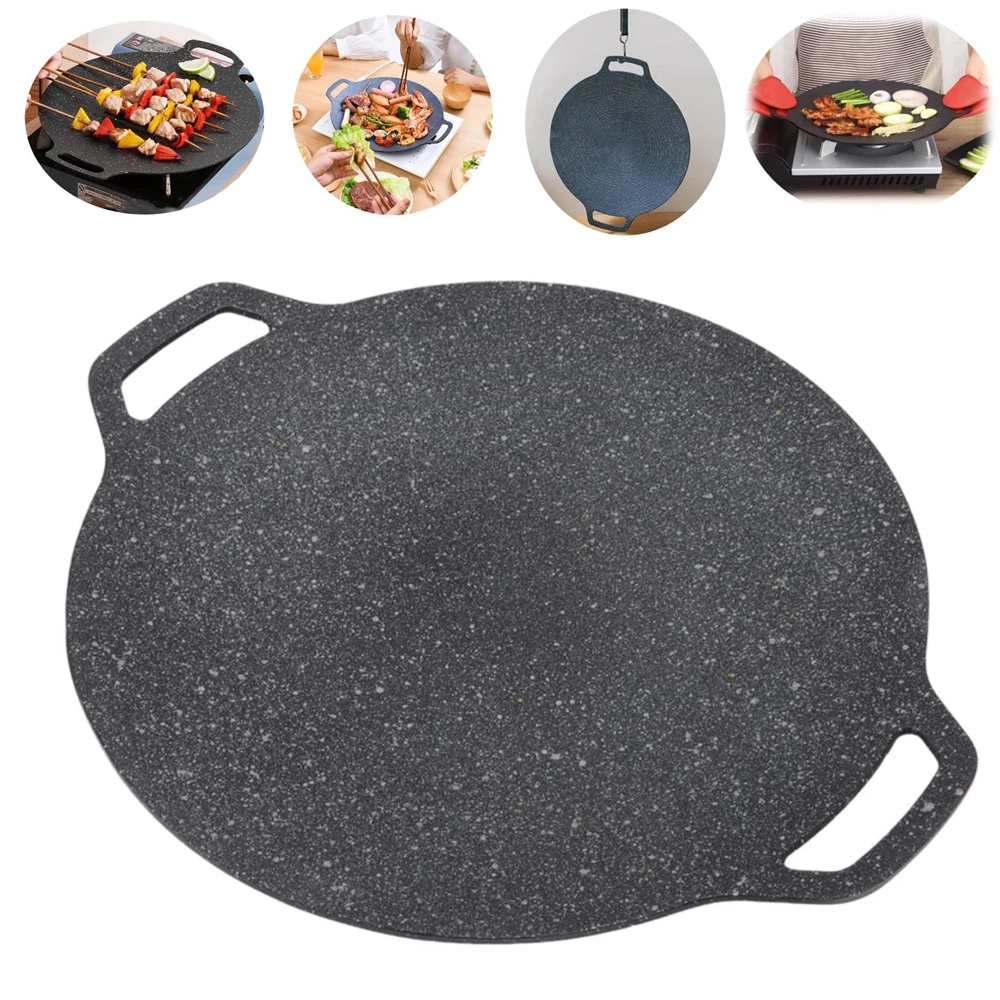 1pc Koreanische BBQ grill pan Medizinische stein Beschichtung Nicht-stick Marmor Camping Runde Bratpfanne mit Griff für Backen, grill, BBQ Image