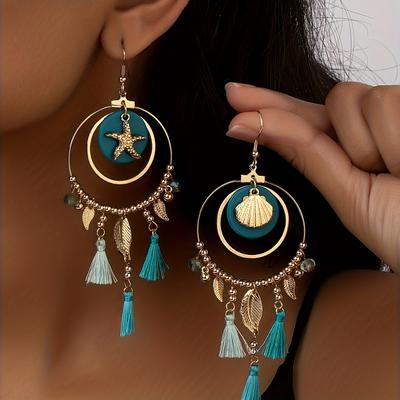 TEMU Hollow Circle Design Metal Leaf Tassel Pendant Starfish Shell Decor Dangle Earrings Bohemian Vocation Style Delicate Female Gift Image