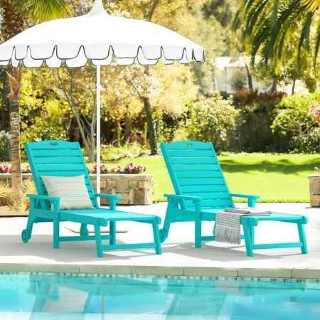 Dycanpo Lounge Chair Outdoor Set of 2 Chaise Lounge with Wheels & Adjustable Backrest Aruba Blue