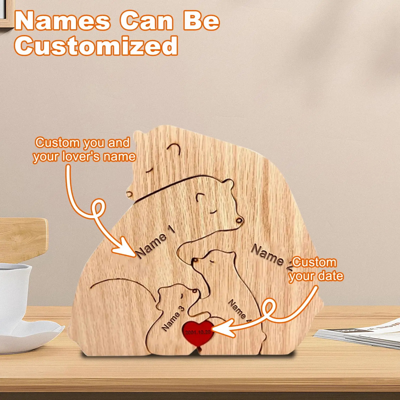Ornements en bois avec nom personnalisé pour peindre l'ours, Puzzle sur le thème de la famille, gravure gratuite, bricolage, décoration de maison, cadeau personnalisé