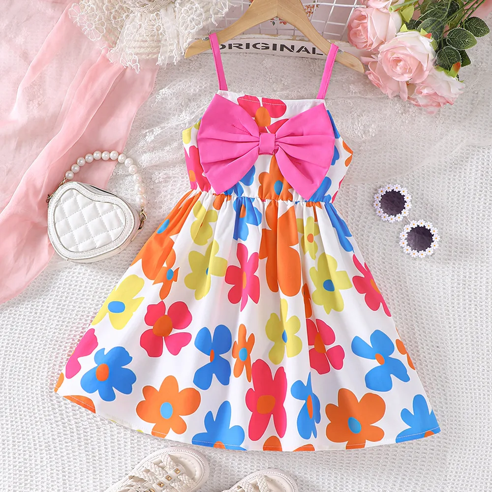 Kinder Casual Kleid für Mädchen Kleidung Sommer Neue Kleinkind Nette Blumen Druck Rosa Bowknot Cami Kleid Mode Kinder Urlaub 2-8Y