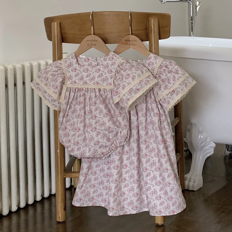 Schwester Baby Mädchen Blume Spitze Kleider Sommer Mädchen Baby Stram pler Schwester passendes Outfit Prinzessin Kleid Kleinkind rosa Prinzessin Stram pler Image