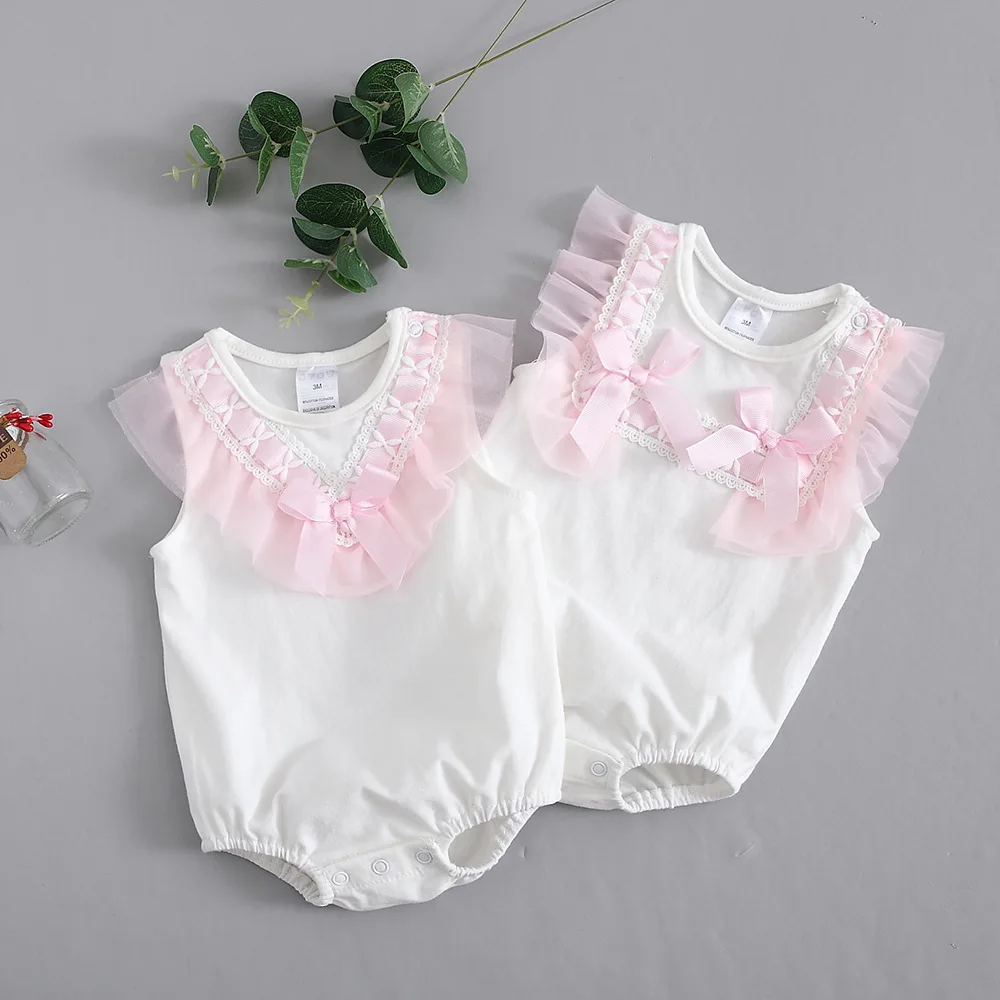 Sommer Spitze Bogen Neugeborenen Baby Mädchen Bodys Weiß Baumwolle Overall Onesie Kleidung Image