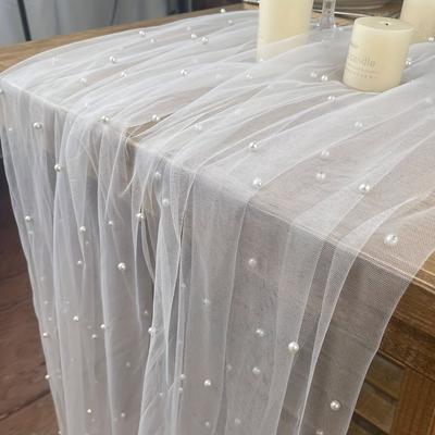 TEMU 1pc Table Runner, 28ft*78ft (72cm*200cm) Pearl Mesh Chiffon Table Runner, Wedding Arch Decoration, Romantic Dinner Decoration, Wedding Festival Birthday Party Supplies