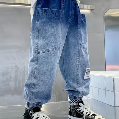 Boys Tapered Cargo Denim Jeans With Elastic Waistb...