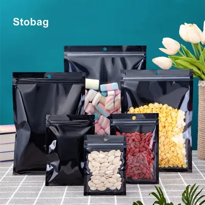 StoBag 100pcs Black Food Packaging Bag Zipper Aluminum Foil Hang Hole Sealed Storage for Tea Nuts Snack Candy Resealable Pouch