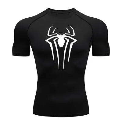 Spider Print Compression Shirts for Men Summer Short Sleeve Rash Guard Gym Workout Tshirt Athletic