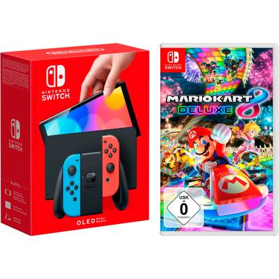 NINTENDO SWITCH Konsolen-Set "OLED + Mario Kart 8 Deluxe" Spielekonsolen bunt (neonrot, neonblau)