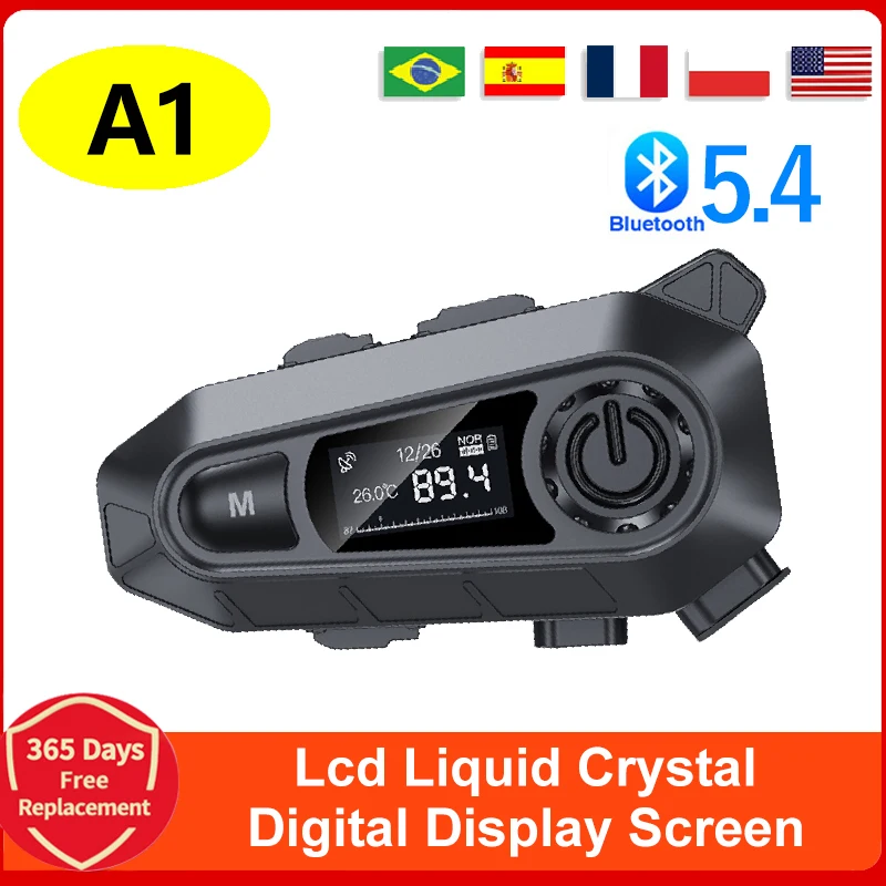 2024 neue Motorrad helm Bluetooth Headset A1 LCD Digital anzeige FM Funktion wasserdicht Level IPX6 Image