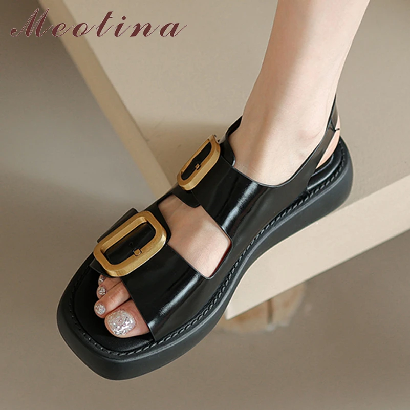 Meotina Frauen Aus Echtem Leder Sandalen Karree Flache Plattform Sandalen Schnalle Metall Dekoration Damen Schuhe Sommer Beige 40