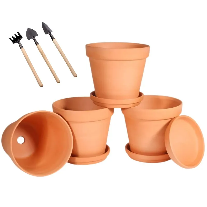 3 Zoll kleine Terrakotta-Töpfe mit Untertasse, 4er-Pack 3" Tontöpfe und Untertassen mit 3 Mini-Blumen-Pflanztopf-Werkzeugen für Sukkulenten Image