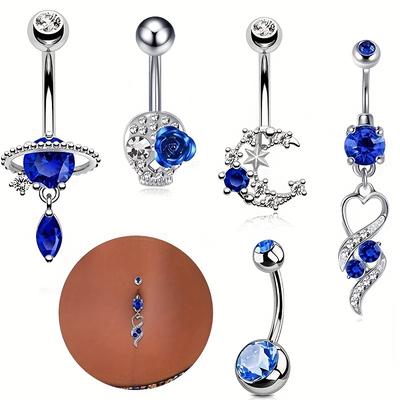 5pcs 14g Stainless Steel Belly Button Rings Dangle Bar Jewelry Set