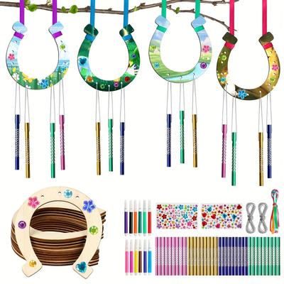 12pcs Wooden Wind Chime Kit, Make Your Own Horseshoe Wind Chime, Diy Coloring Horseshoes Craft With Brush Stickers For Art Activity Birthday Supplies Eid Al-adha Mubarak