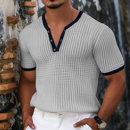 Herren Waffel-Henley-Hemd Waffelstrick T-Shirt T-Shirt Kurzarm Einfarbig Mode Designer Bequem Knöpfe Gestrickt V Ausschnitt Henley Outdoor Lässig Täglich Sommer Schwarz Weiß Marinenblau Henley T-Shirt Image