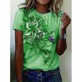 Damen T-Shirt Florales Rundhalsausschnitt Kurzarm 3D Schmetterlingsdruck Elegante Lässige Kleidung Frühling Sommer Komfort Fit Lila Multigrößen Mode Oberteil