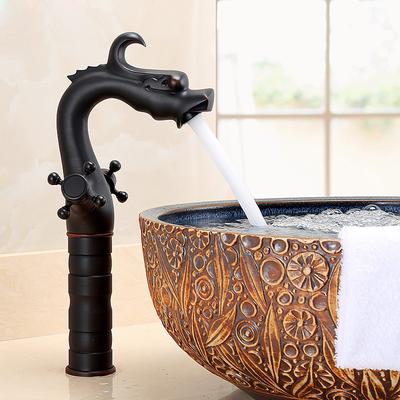 Vintage Bathroom Sink Mixer Faucet, Washroom Mono Basin Taps Classic Antique Brass Centerset Two Handles One Hole Water Tap with Cold Hot Hose