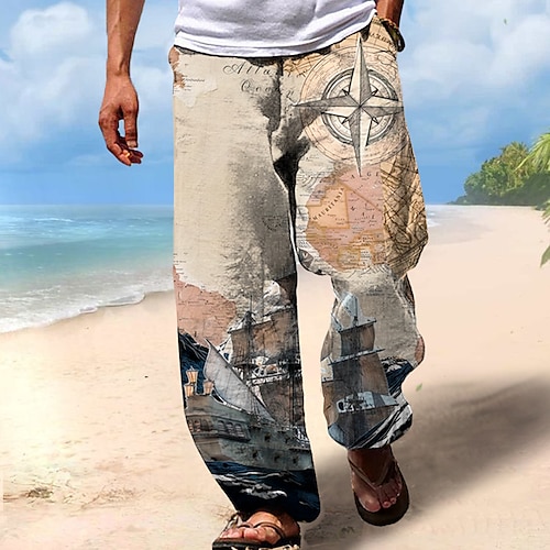 Herren Hosen Hose Mittlere Taille Kordelzug Elastischer Bund Hawaiianisch Ferien Strände Gerade Hosen Sommer Frühling Herbst 3D-Druck Beige Image