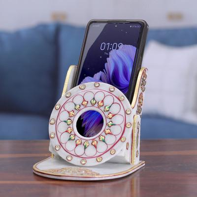 'Beaded Marble Phone Holder with Hand-Painted Floral Motifs'