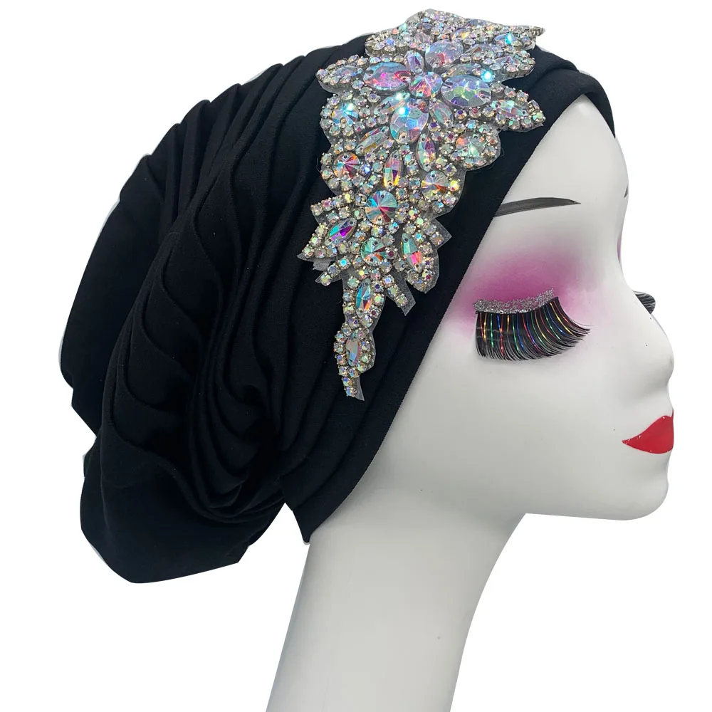 Luxus Strass Turban Kappen für Frauen Plissee Afrikanische Headwraps Hochzeit Kopfschmuck Muslimischen Kopftuch Motorhaube Turbante Mujer Image