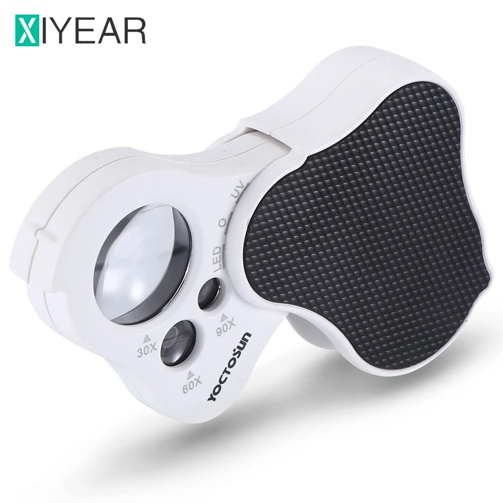 30X 60X 90X beleuchtete Schmucklupe Lupe Falten Diamant Lupe mit UV-LED-Leuchten für Juweliere Edelsteine Münzen Briefmarken Image