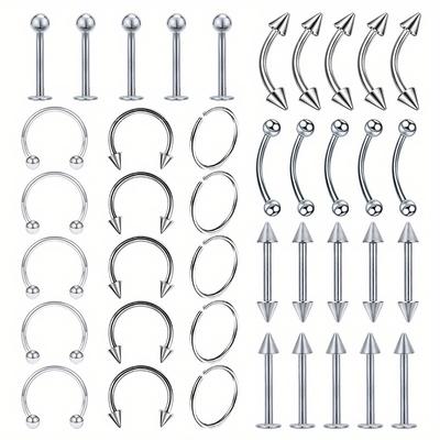 40pcs Stainless Steel Body Piercing Jewelry For Nose Eyebrow Lip, Fashion Simple Horseshoe Rings Set